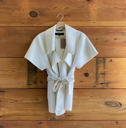 46 / L - Gucci White Wool Angora Open Front Belted Short Sleeve Jacket 1016SS