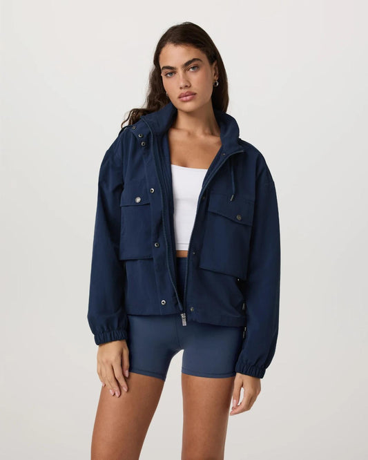 XS - Vuori $168 Navy Blue Hooded Zip Up Cropped Boxy Fit Bayside Jacket 0703SC