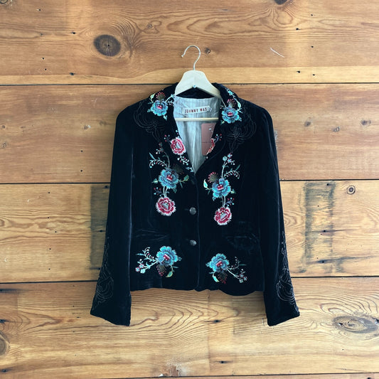 XS - Johnny Was Black Velvet Embroidered Button Up Blazer Jacket 0620MB