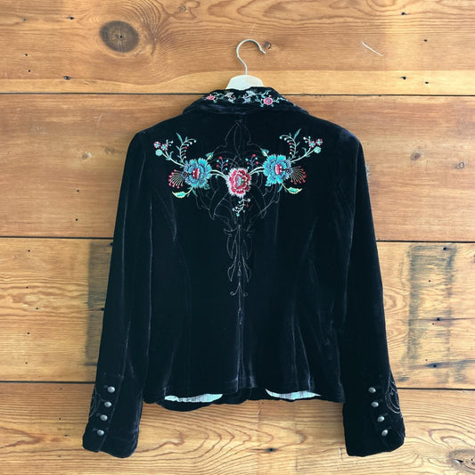 XS - Johnny Was Black Velvet Embroidered Button Up Blazer Jacket 0620MB