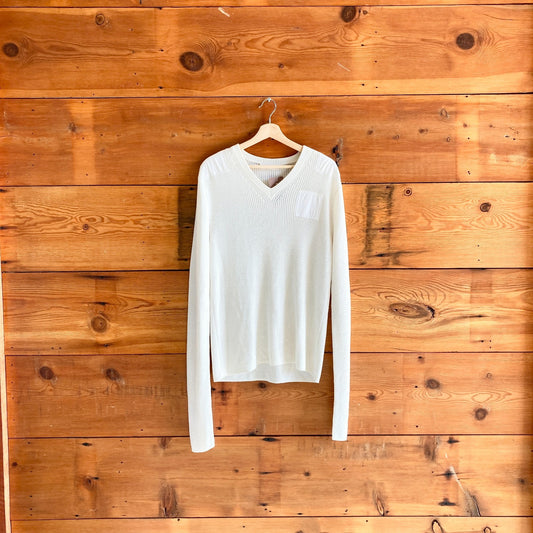M - Helmut Lang White V Neck Long Sleeve Pullover Knit Sweater 1201SG