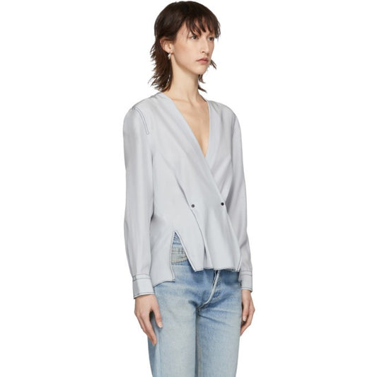 M - Rag & Bone Grey Blue NEW $395 Debbie Long Sleeve 100% Silk Top 0801CS