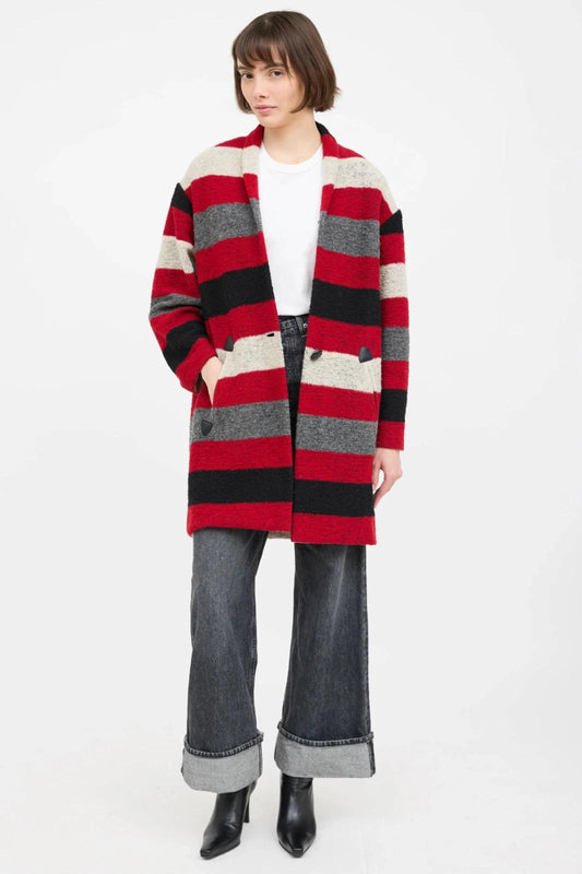 S - Isabel Marant Etoile Wool Striped Single Button Sweater Coat 0810RL