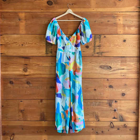 S - Ranna Gill Anthropologie $170 Colorful Linen Cut Out Jumpsuit NEW 0930AR