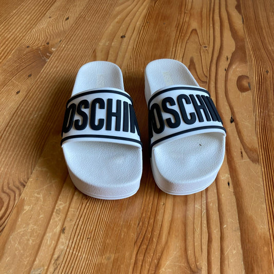 37 / 7 - Moschino White Rubber Logo Strap Platform Sandals Slides 0929JY