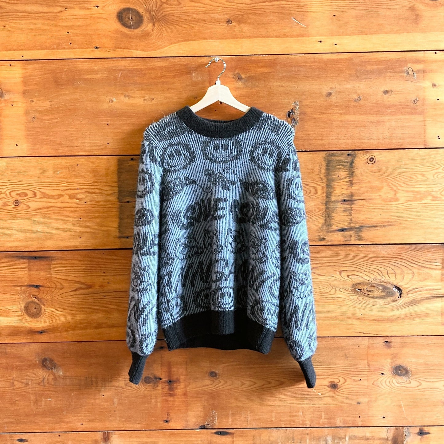 XL - Ganni Blue Black Smiley Alpaca Blend Balloon Sleeve Pullover Sweater 0720LP