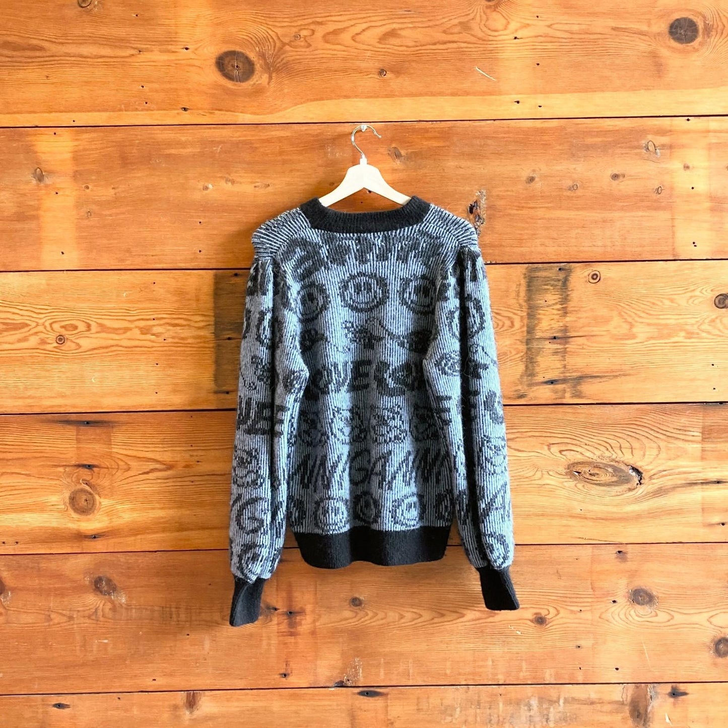 XL - Ganni Blue Black Smiley Alpaca Blend Balloon Sleeve Pullover Sweater 0720LP