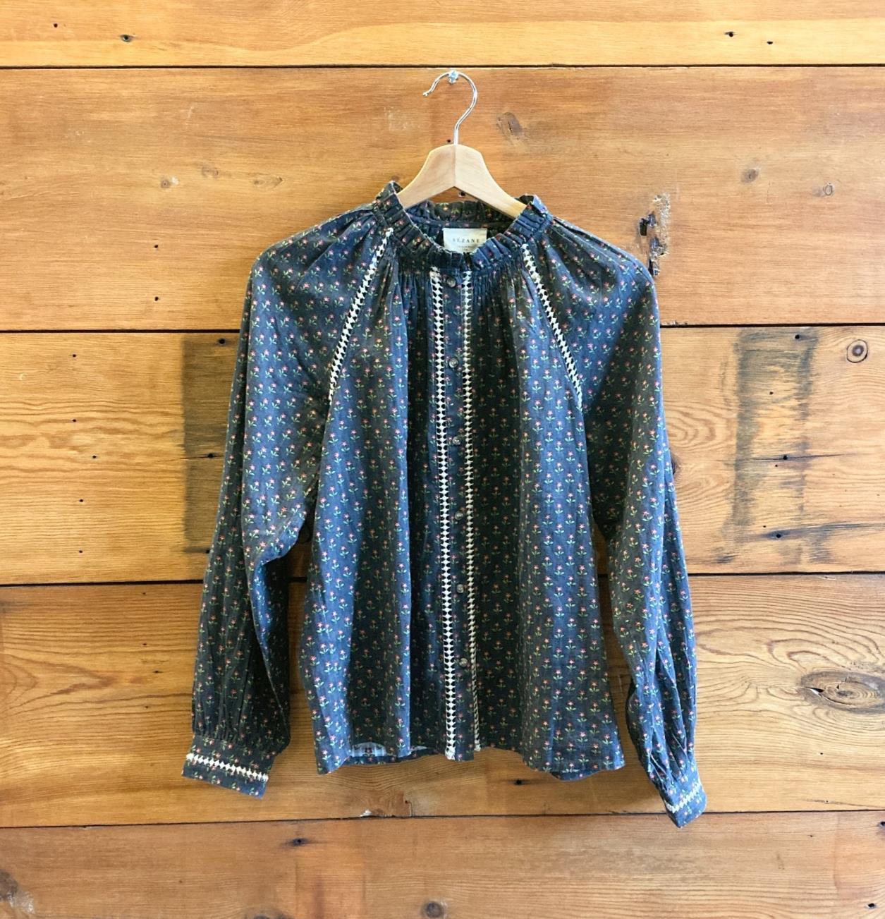 36 / S - Sezane Beatriz Navy Floral Long Sleeve Ruffled Neck Blouse Top 0208KS