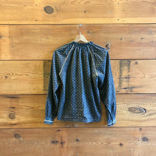 36 / S - Sezane Beatriz Navy Floral Long Sleeve Ruffled Neck Blouse Top 0208KS