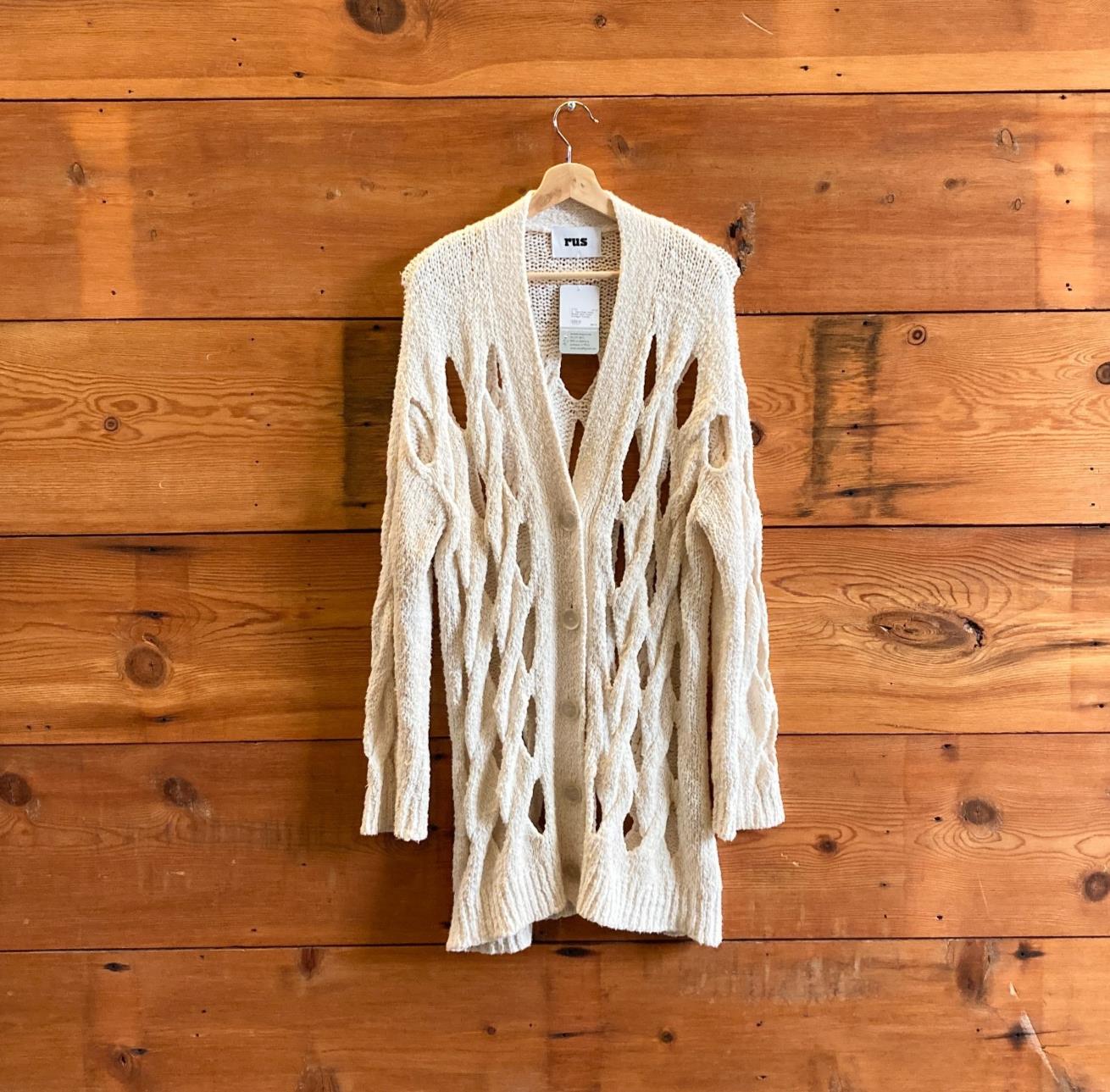 S - Rus Chalk White Shokki Open Cable Cardigan Knitted Sweater 1117KW