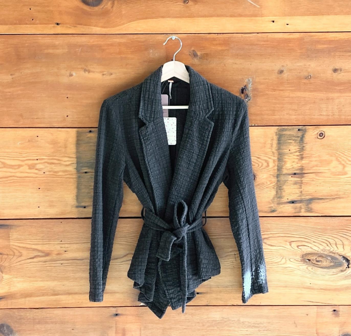 S - Free People Black Textured Cotton NEW $148 Belted Jacket 0113TS