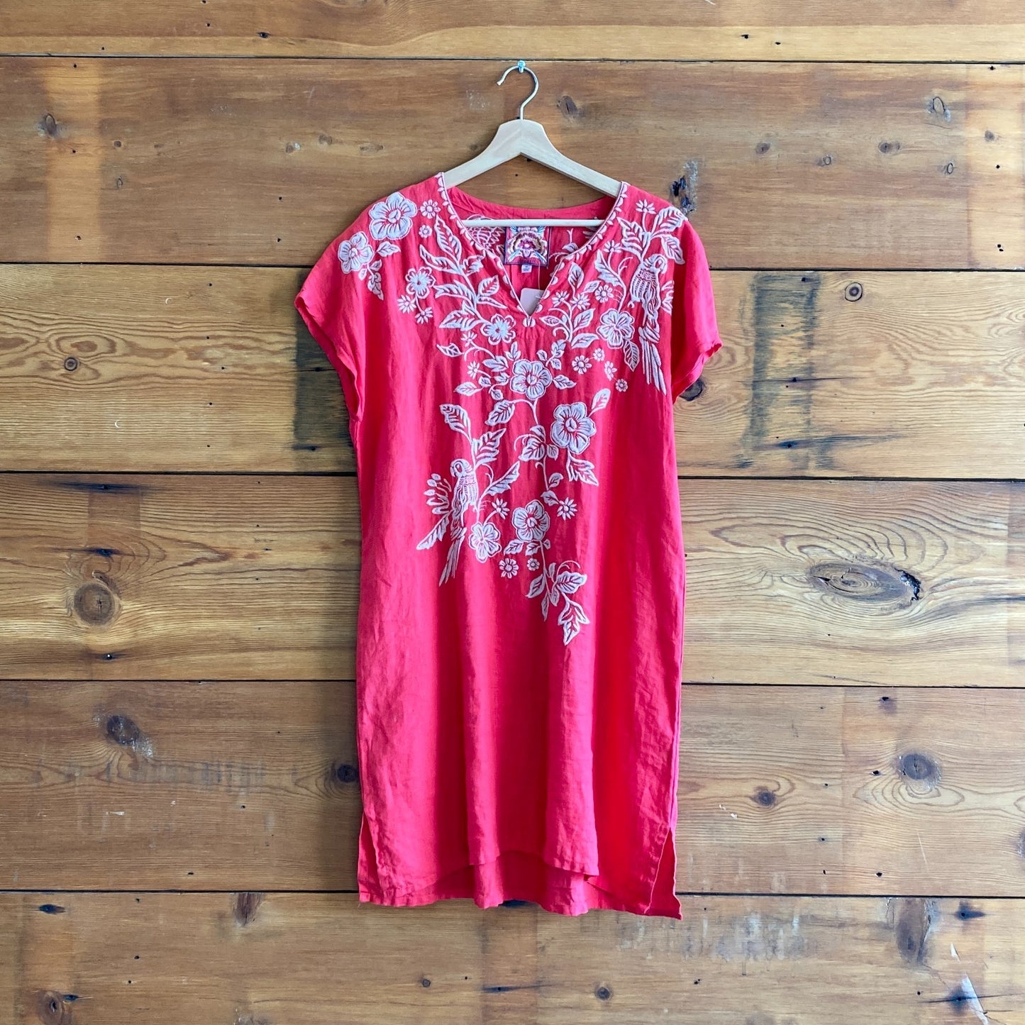 M - Johnny Was Red Linen Floral Embroidered Abigail Short Sleeve Dress 1011DK