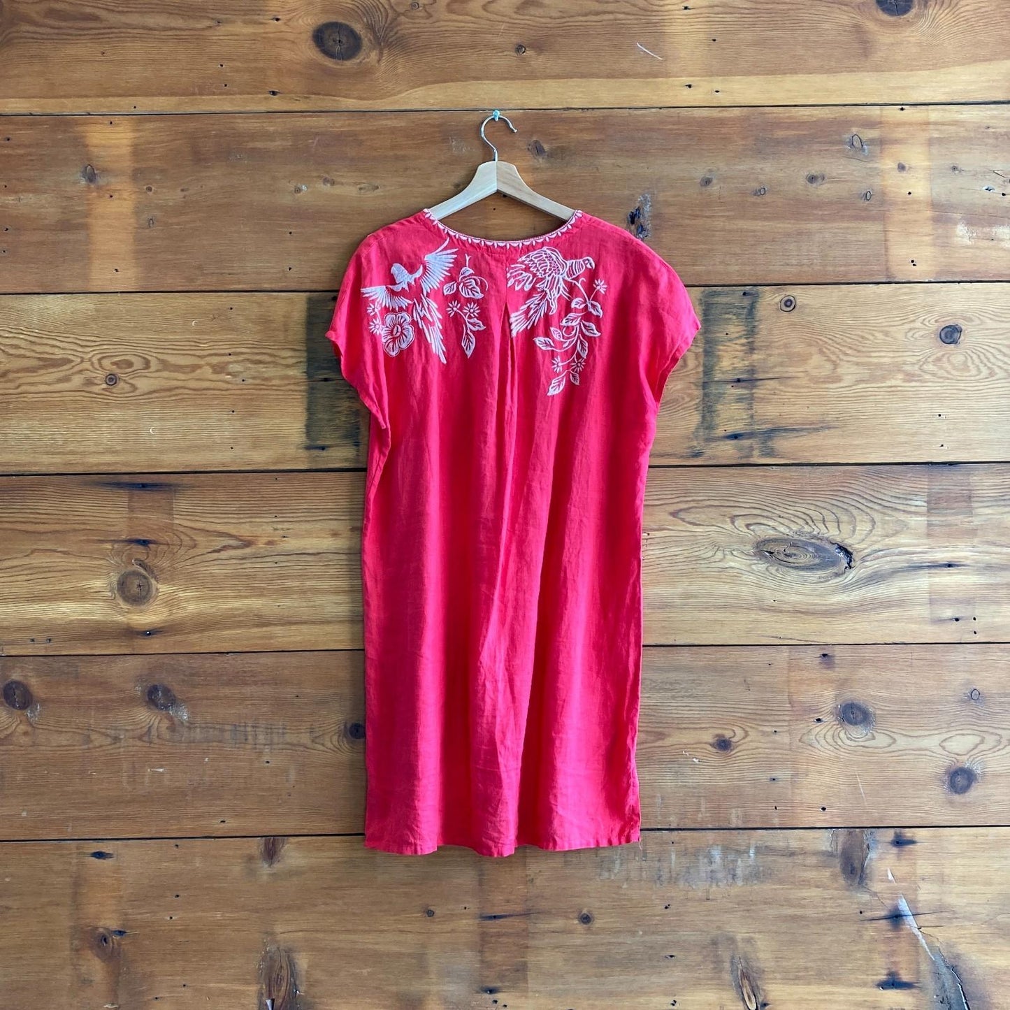 M - Johnny Was Red Linen Floral Embroidered Abigail Short Sleeve Dress 1011DK