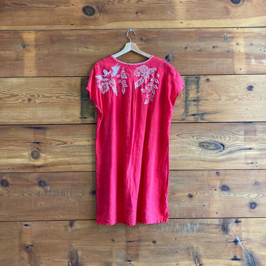 M - Johnny Was Red Linen Floral Embroidered Abigail Short Sleeve Dress 1011DK