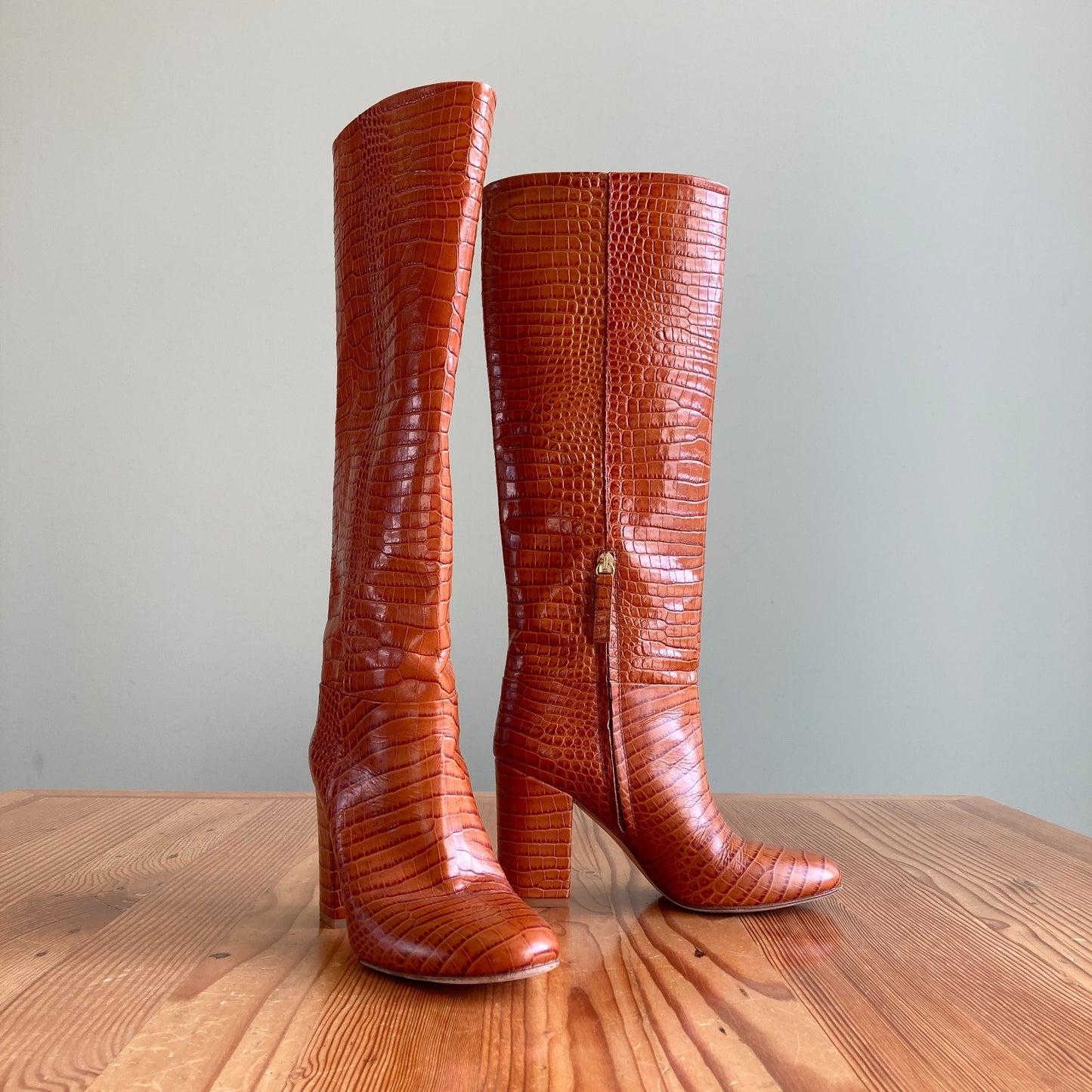 38 / 7.5 - Twinset Brown Crocodile-Embossed Knee-High Heeled Boots 0113TS