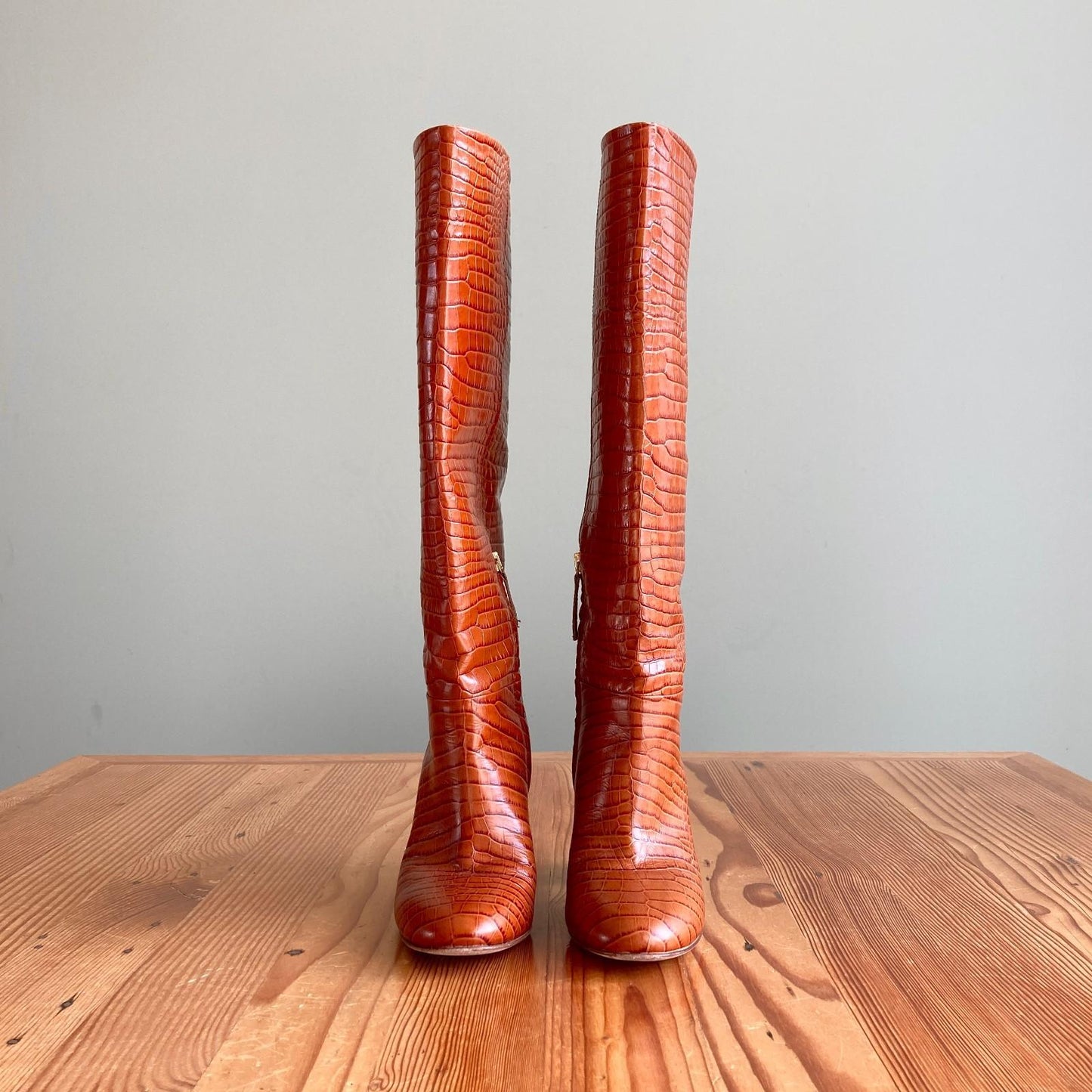 38 / 7.5 - Twinset Brown Crocodile-Embossed Knee-High Heeled Boots 0113TS