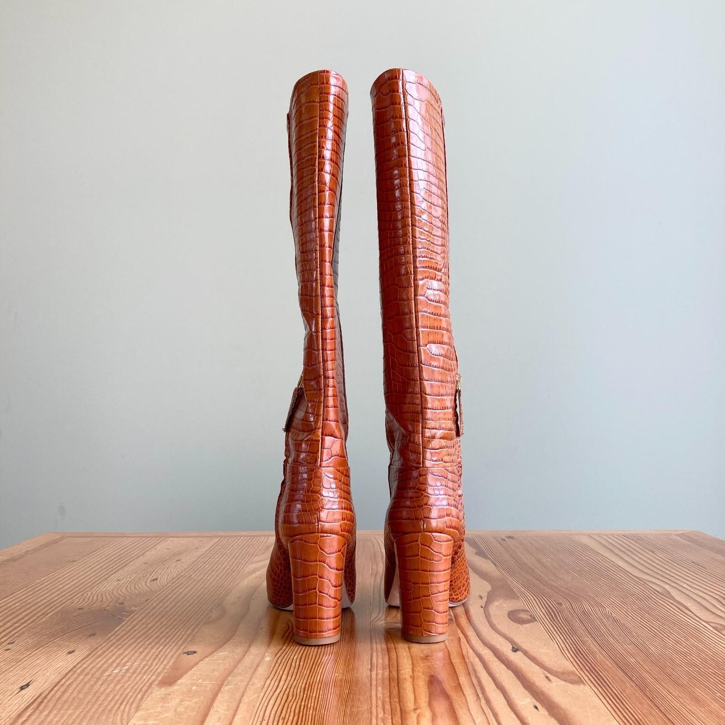 38 / 7.5 - Twinset Brown Crocodile-Embossed Knee-High Heeled Boots 0113TS