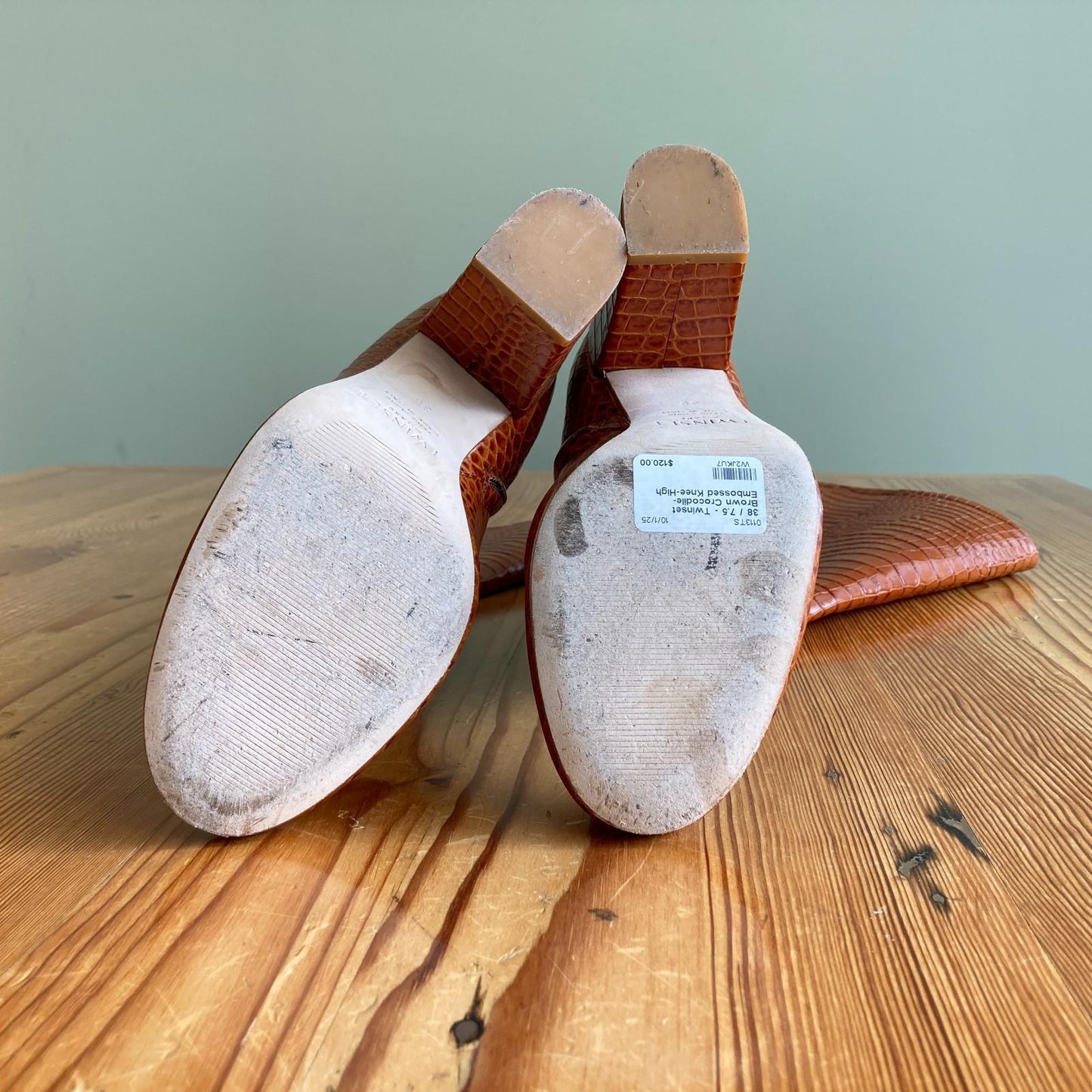 38 / 7.5 - Twinset Brown Crocodile-Embossed Knee-High Heeled Boots 0113TS