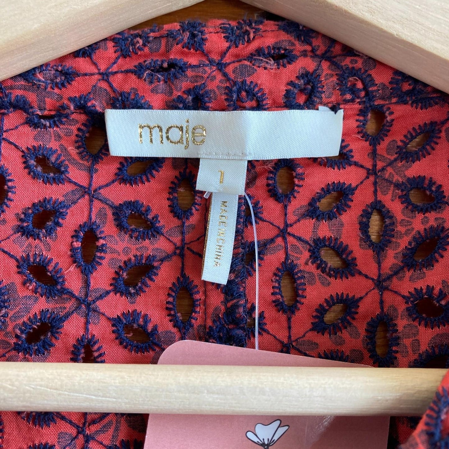 1 / S - Maje Red Navy Eyelet Embroidered Rayano Long Sleeve V-Neck Dress 1010RW