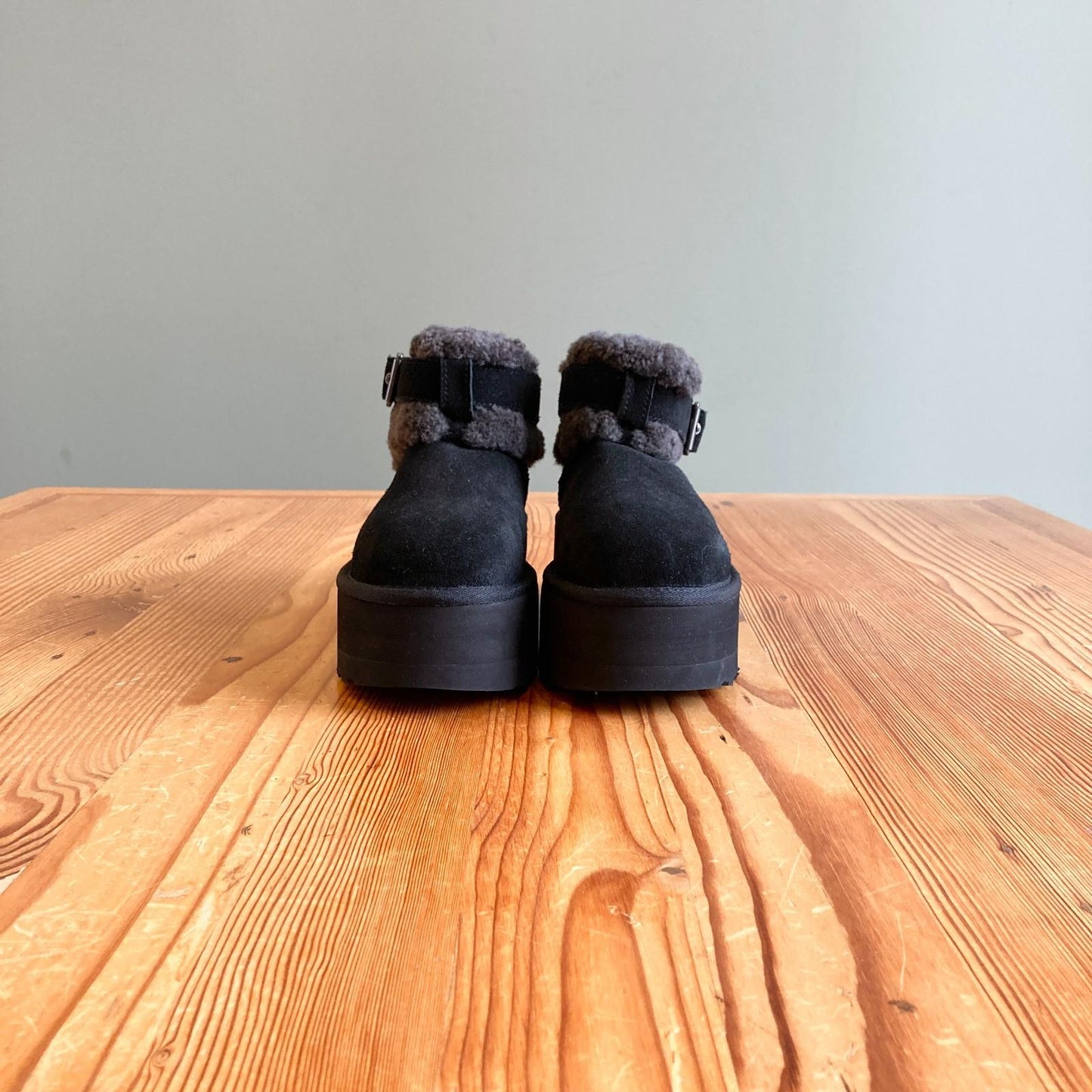 7 - Ugg Black Suede Sheepskin Ultra Mini Belted Platform Roller Boots NEW 0517DS