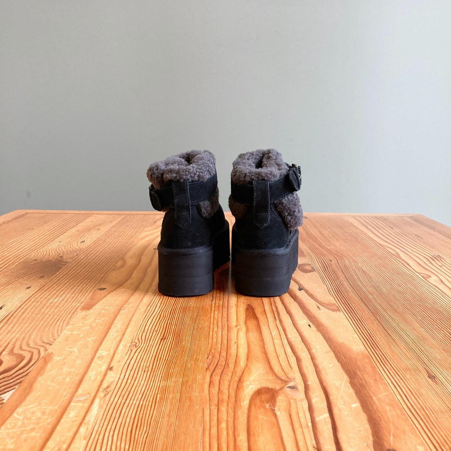 7 - Ugg Black Suede Sheepskin Ultra Mini Belted Platform Roller Boots NEW 0517DS