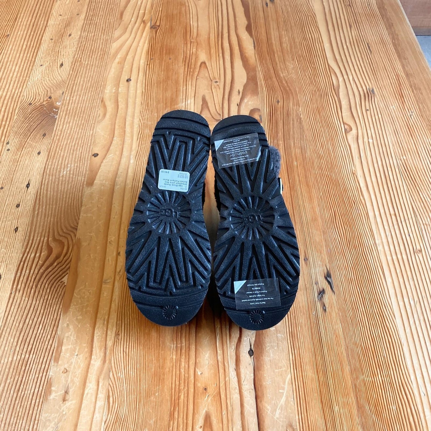 7 - Ugg Black Suede Sheepskin Ultra Mini Belted Platform Roller Boots NEW 0517DS