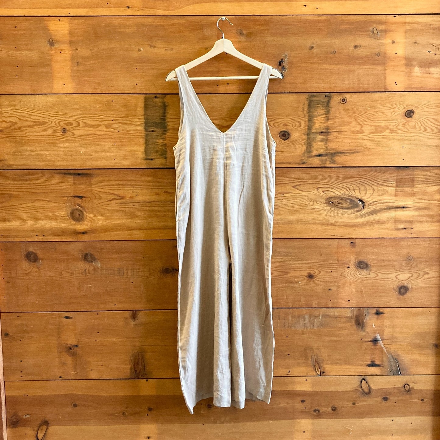 XS - Ozma $240 Tan Sleeveless Vanessa Linen V-Neck Wide Leg Crop Jumpsuit 0223LA