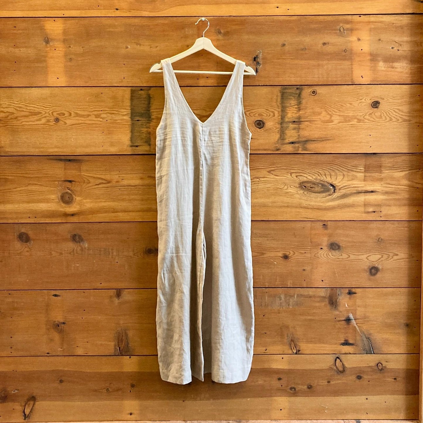 XS - Ozma $240 Tan Sleeveless Vanessa Linen V-Neck Wide Leg Crop Jumpsuit 0223LA