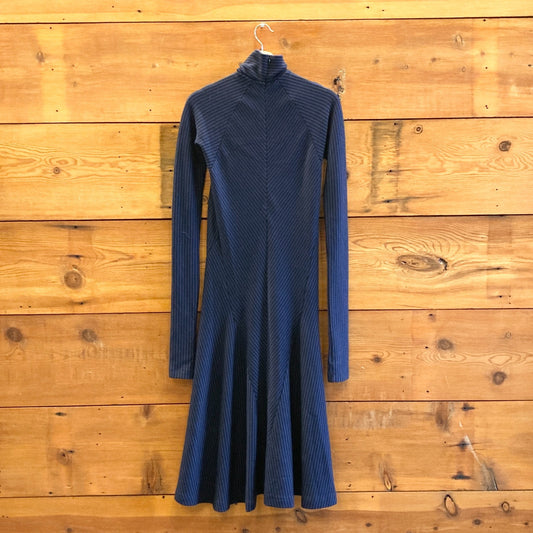 XS - Haider Ackermann Blue & Black Striped Turtleneck Wool Midi Dress 1010RW