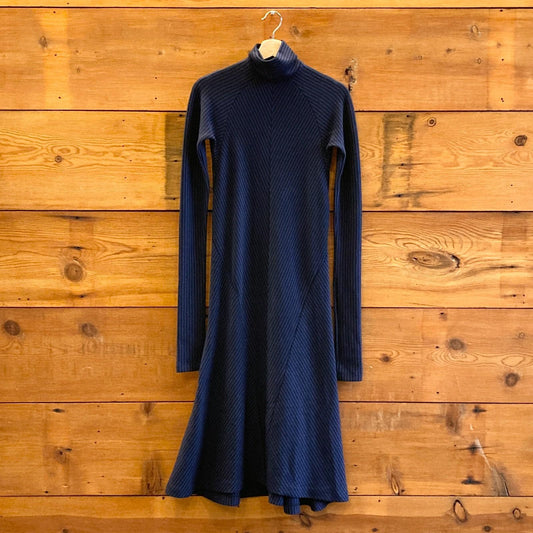 XS - Haider Ackermann Blue & Black Striped Turtleneck Wool Midi Dress 1010RW