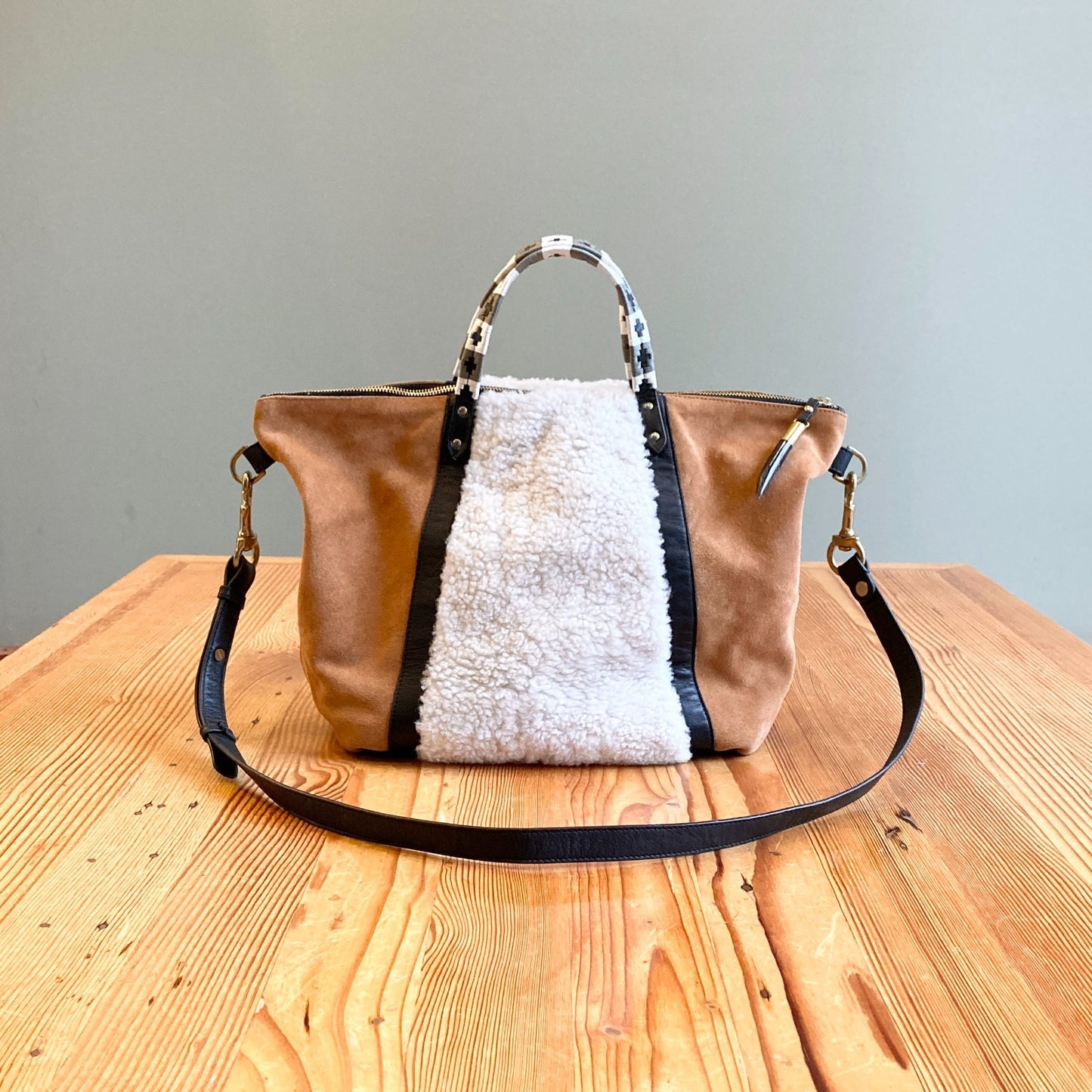 Kempton & Co. Burnt Sienna & Shearling Holdall Bag Zip Top Bag w/ Strap 1118SM