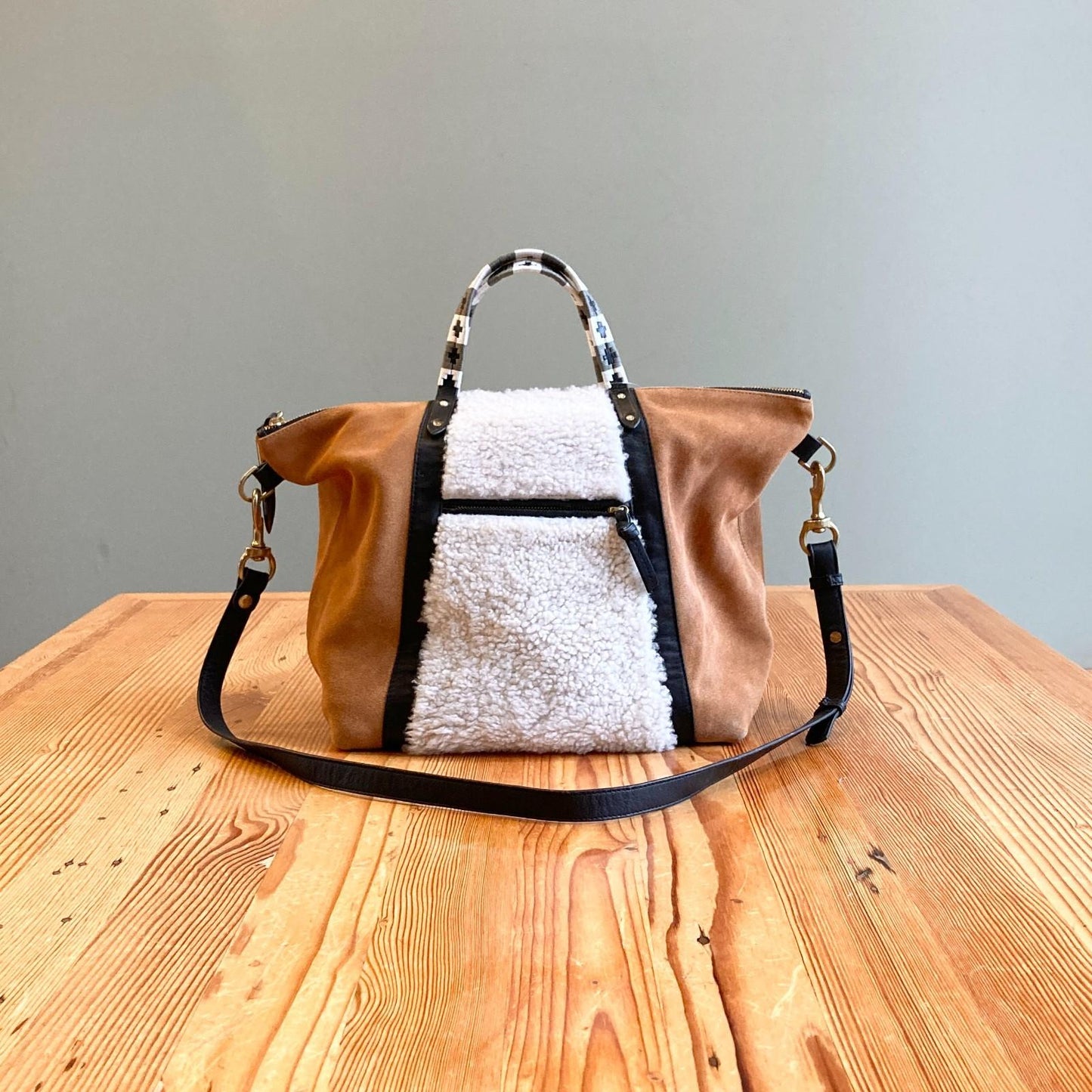 Kempton & Co. Burnt Sienna & Shearling Holdall Bag Zip Top Bag w/ Strap 1118SM