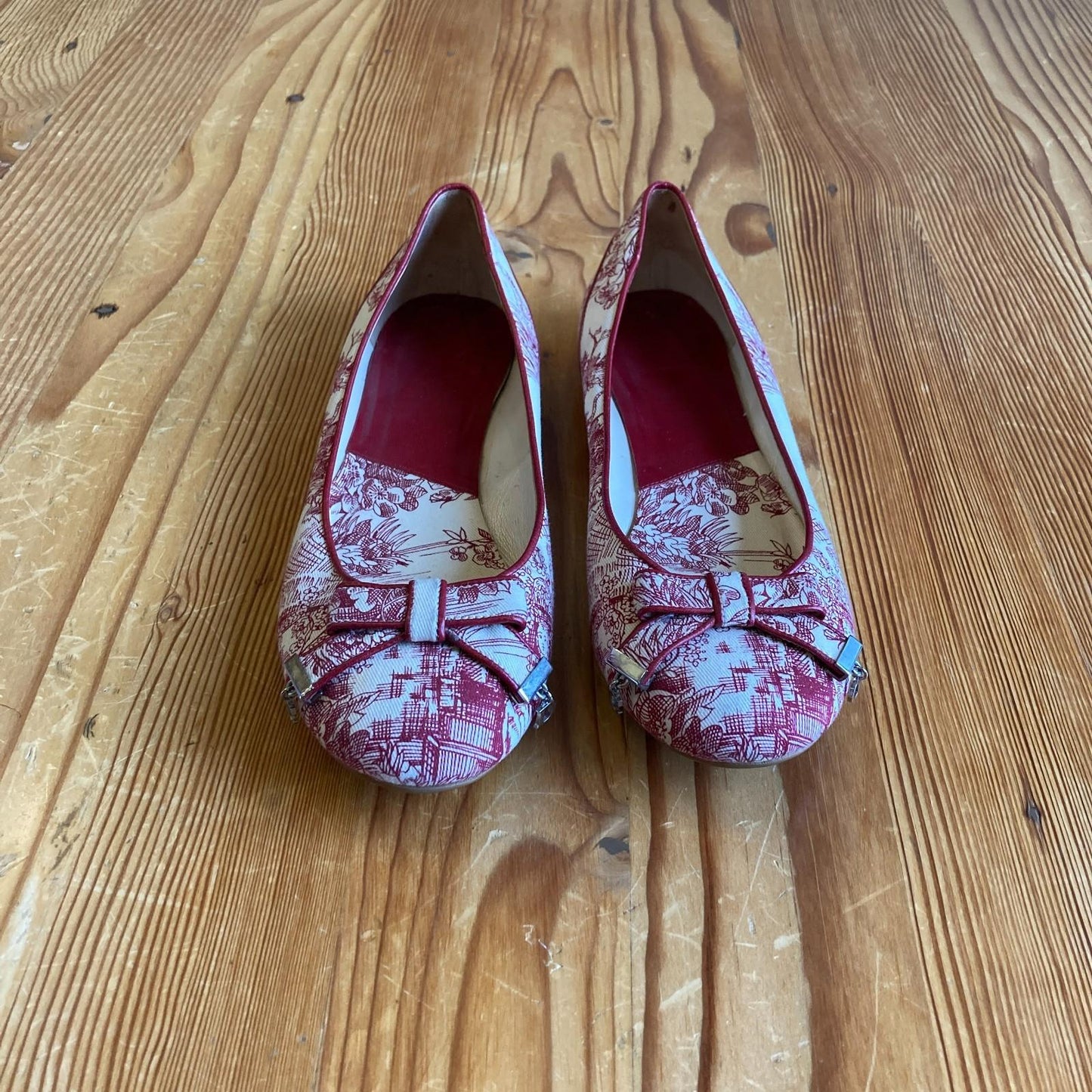 38.5 - Dior Red White Toile de Jouy Poeme Ballerina Round Toe Flats Shoes 1019CL