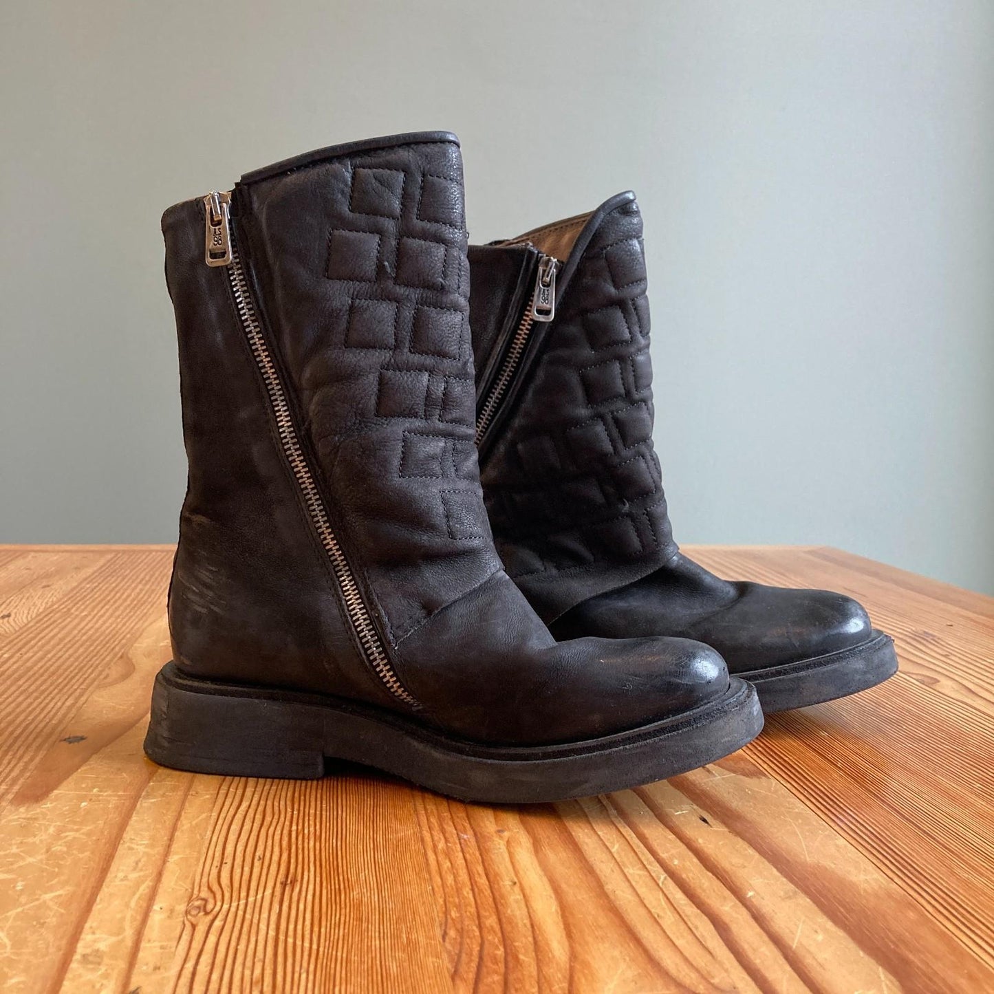 36 / 6 - AS98 $480 Black Quilted Leather Asymmetric Zip NEO Biker Boots 1012LR