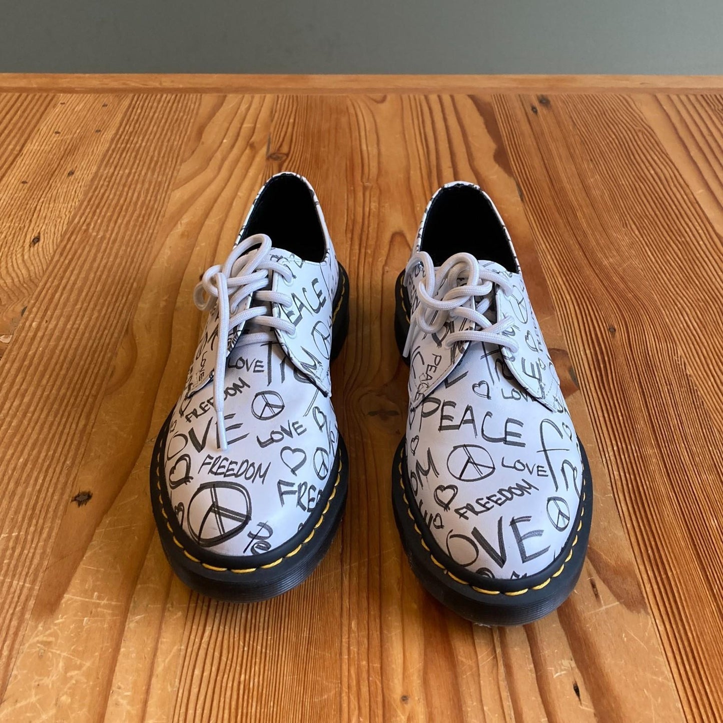 9 - Dr. Martens White Leather Peace Love Script 1461 Lace Up Shoes NEW 1019HV