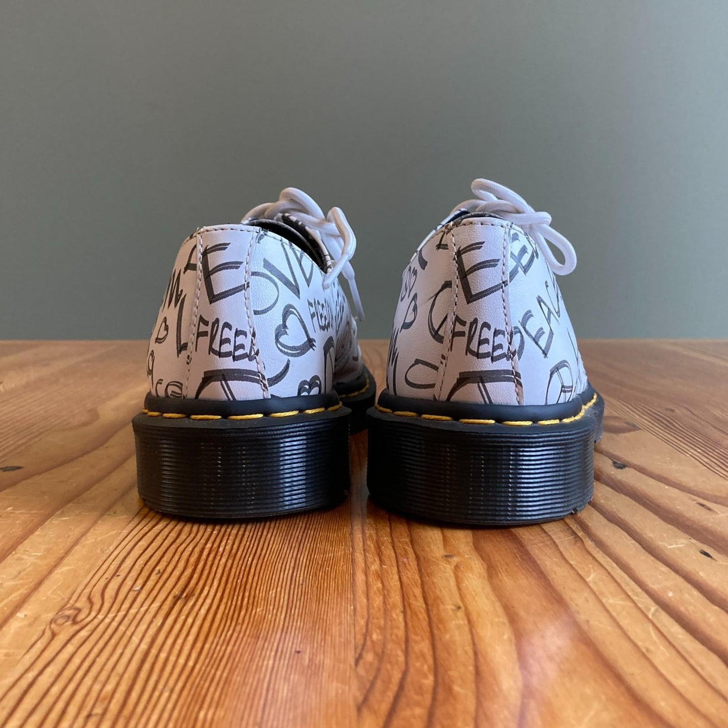 9 - Dr. Martens White Leather Peace Love Script 1461 Lace Up Shoes NEW 1019HV