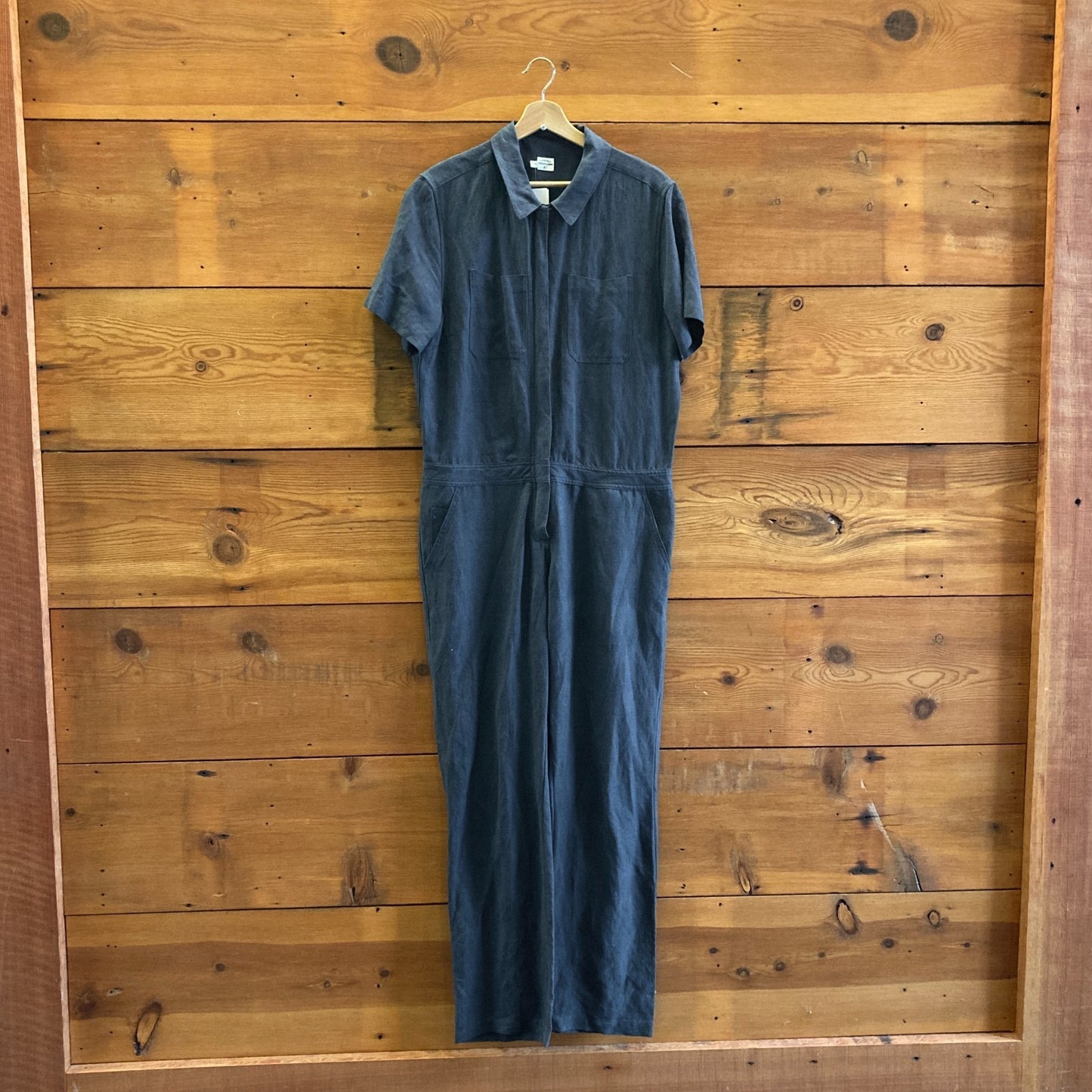 L - Bridge & Burn Navy Blue Short Sleeve Zip Up Linen Blend Jumpsuit 0201KO