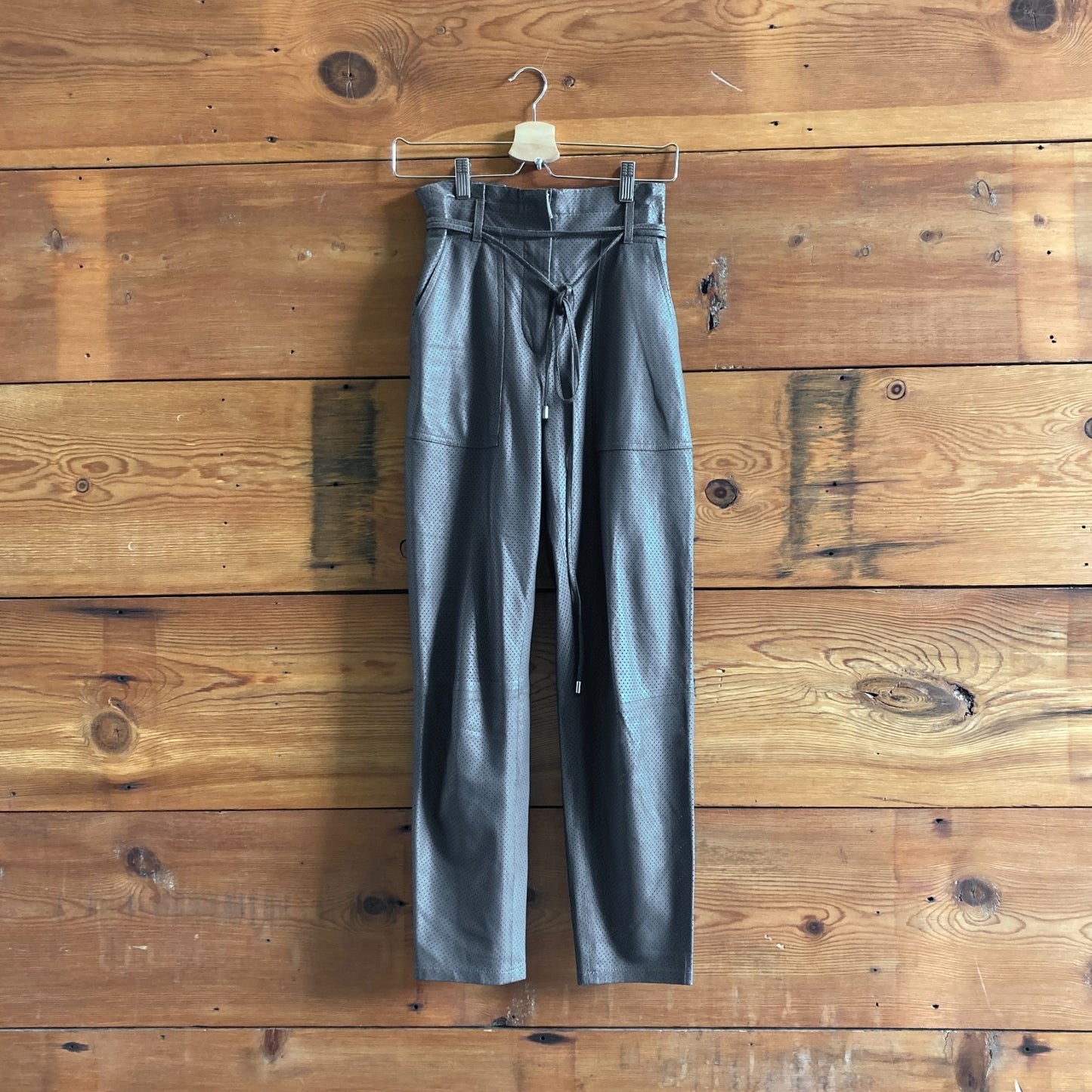 34 / XS - IRO $995 Gray Perforated Lamb Leather Adeus Paper Bag Pants 1030SF