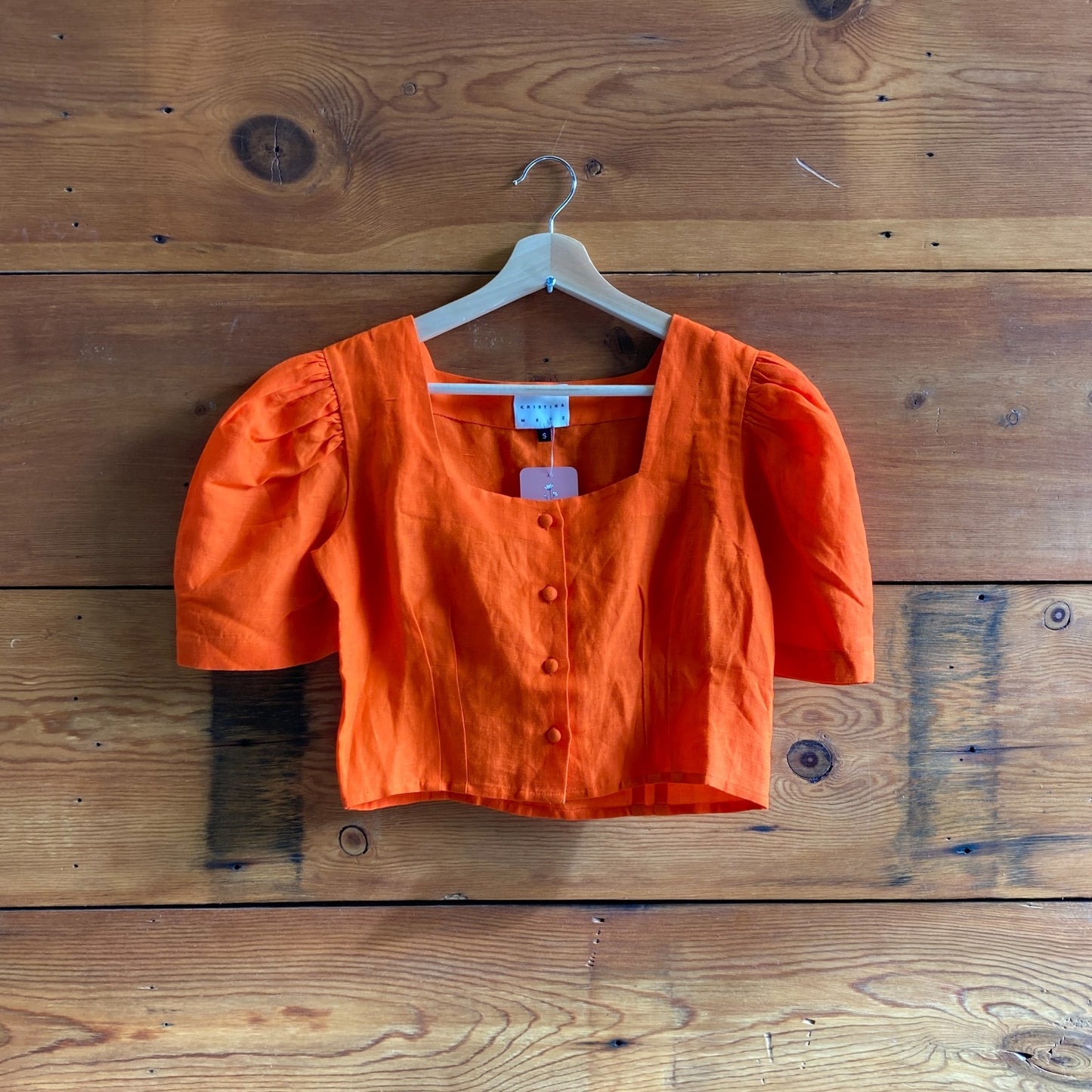 S - Hannah Kristina Metz Red Copped Puff Short Sleeve Linen Crop Top 0723ML