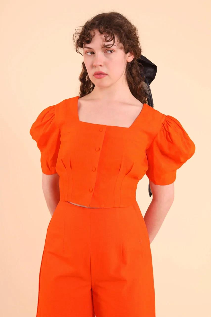 S - Hannah Kristina Metz Red Copped Puff Short Sleeve Linen Crop Top 0723ML