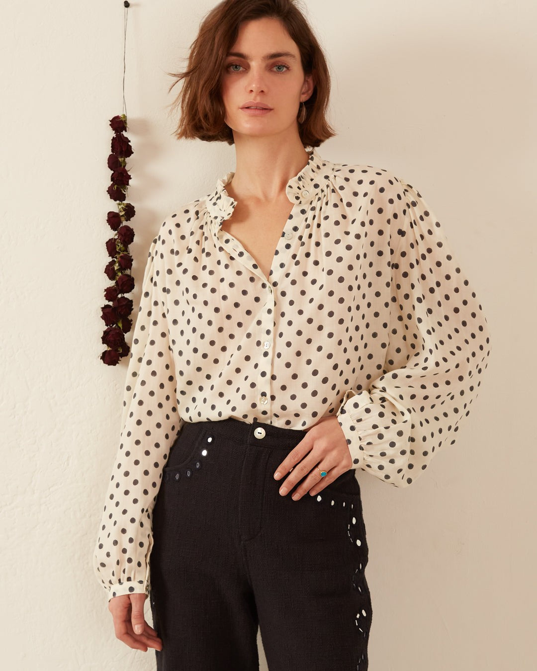 L - Alix of Bohemia White Black Polka Dot Ruffled Annabel Shirt Top 0419NR
