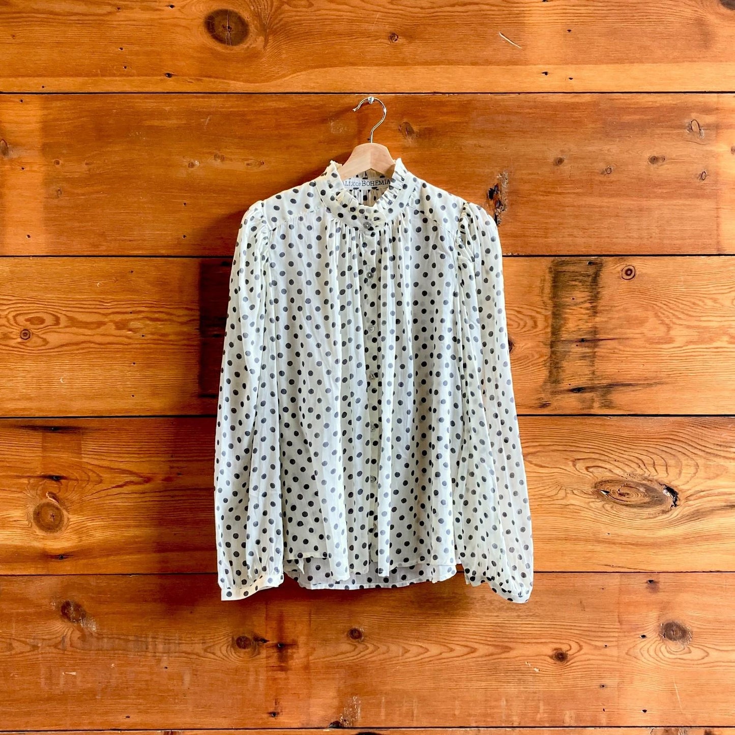 L - Alix of Bohemia White Black Polka Dot Ruffled Annabel Shirt Top 0419NR