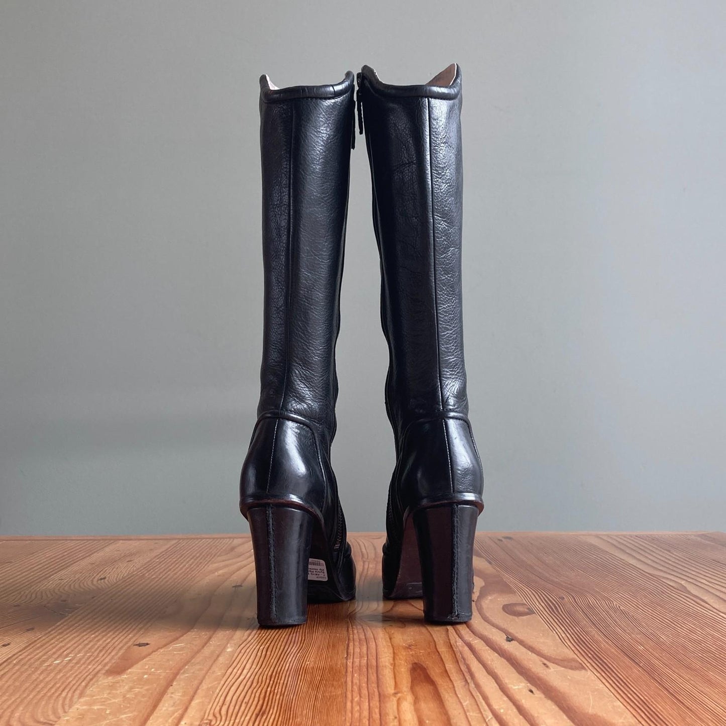 7 - FRYE Black Leather Sylvia Piping Tall Full Zip Heeled Boots 0202CP