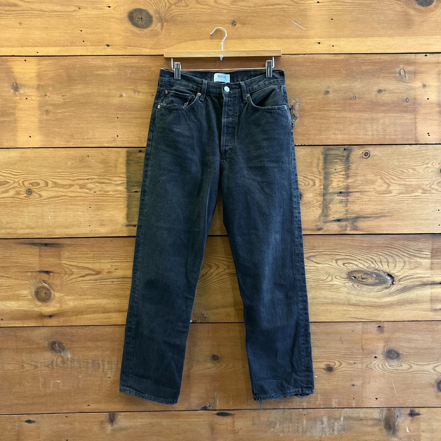 27 - AgoldE Tar Black 90's Mid Rise Straight Womens Button Fly Jeans 0628AC