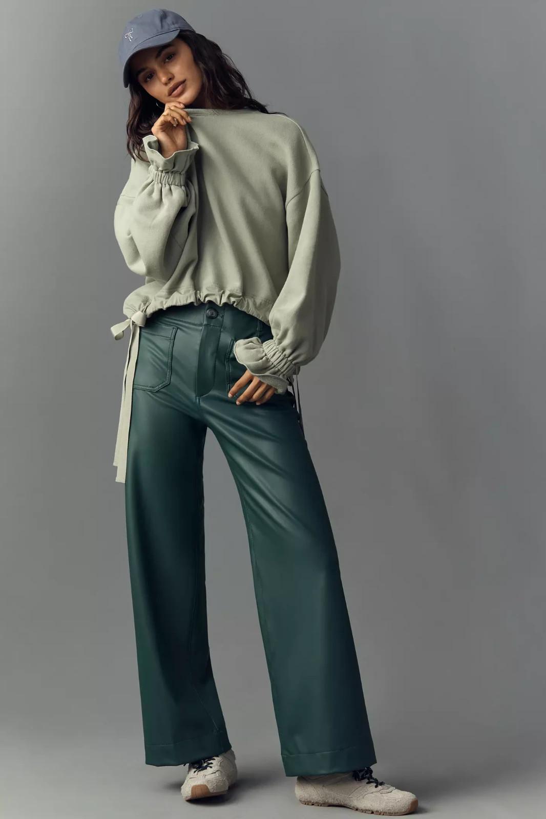 27 - Maeve Anthropologie Green Faux Leather Colette Cropped Wide Leg Pant 0628AC