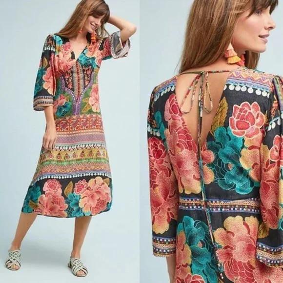 S / M - Farm Rio Anthropologie Floral Print Rosario V-Neck Midi Dress 1110JS