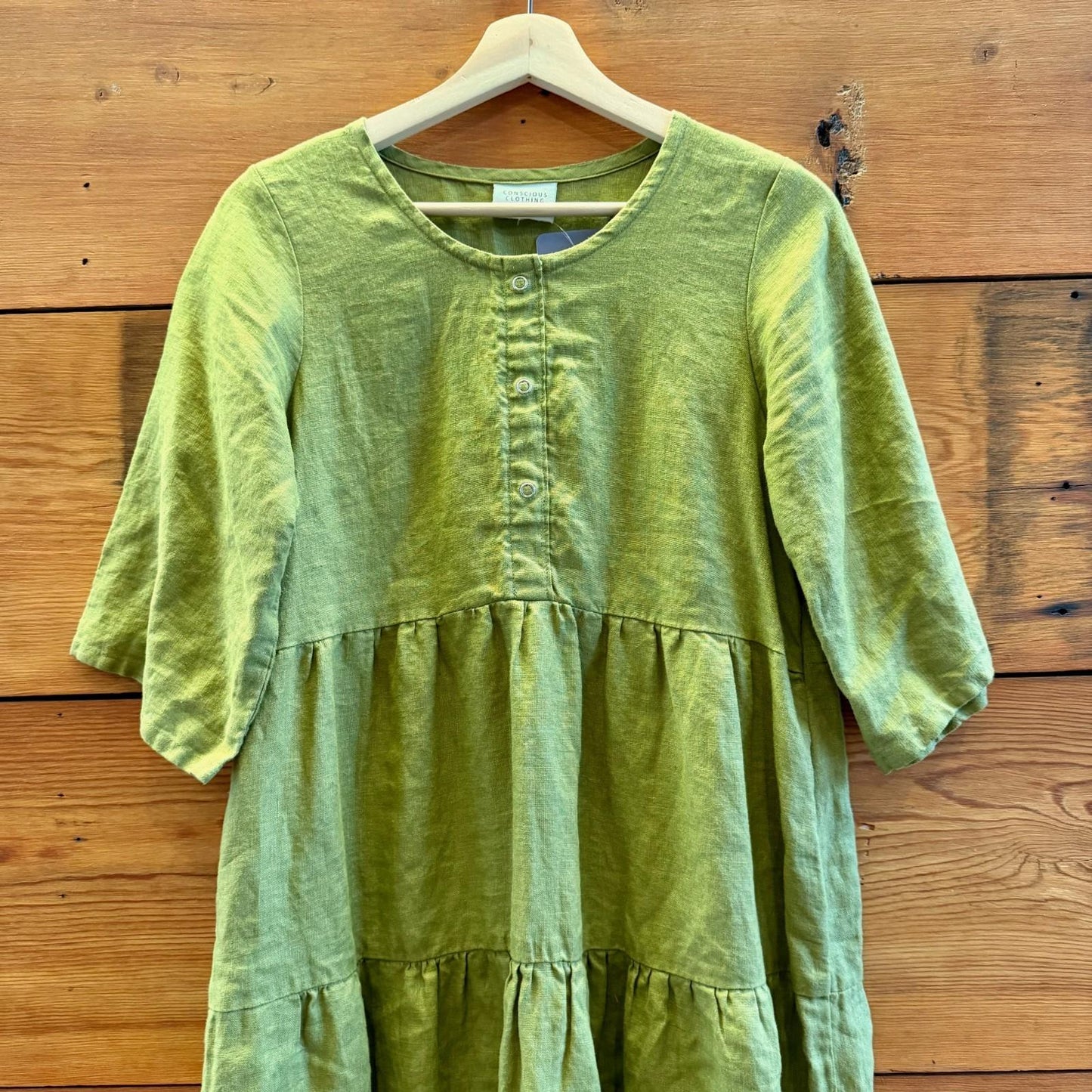 M - Conscious Clothing Green Ranch Babydoll Tiered Short Sleeve Dress 0607CC
