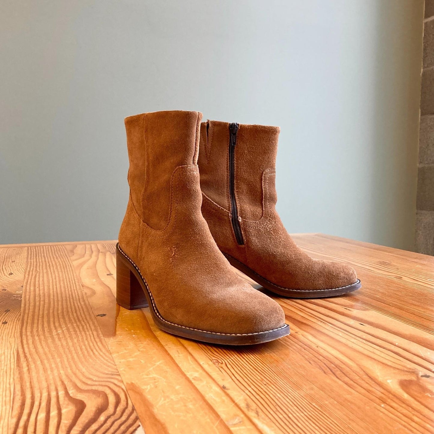 6 - Patina Portland Leather Brown Suede Square Toe Stacked Heel Boots 1104JU