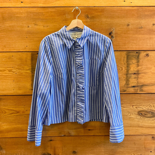 S - Baum und Pferdgarten Blue Striped Women's Ruffle Button Down Shirt 1108AW