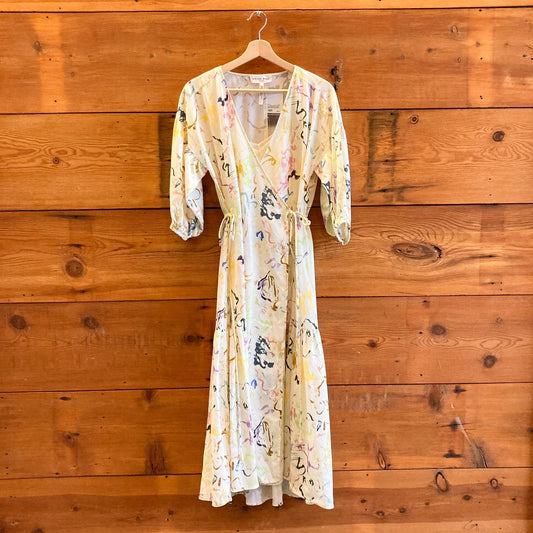 4 - Apiece Apart White Brush Strokes Cobano Half Sleeve Wrap Maxi Dress 1108VA